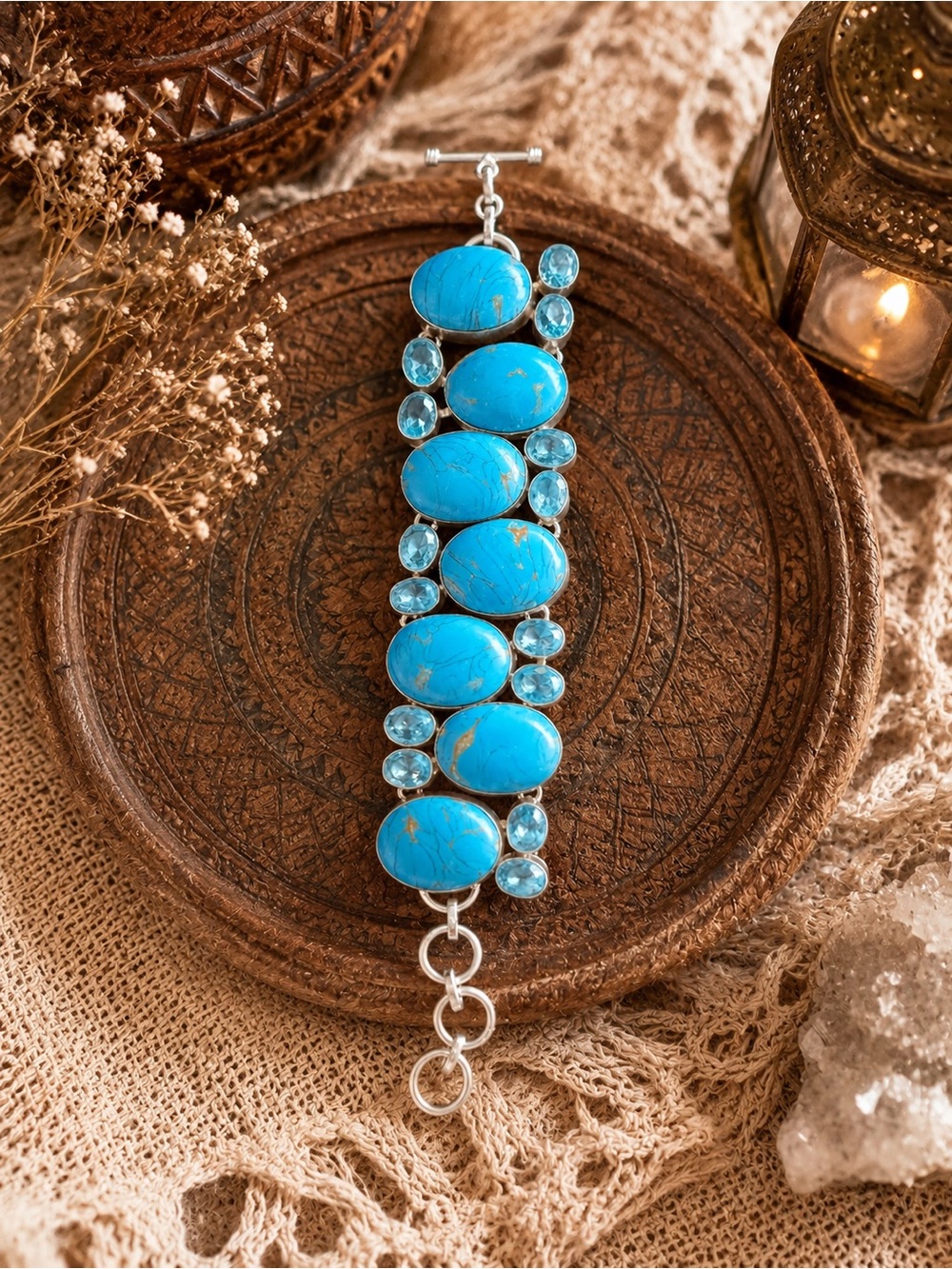 925 Sterling Silver Turquoise-Style Statement Bracelet